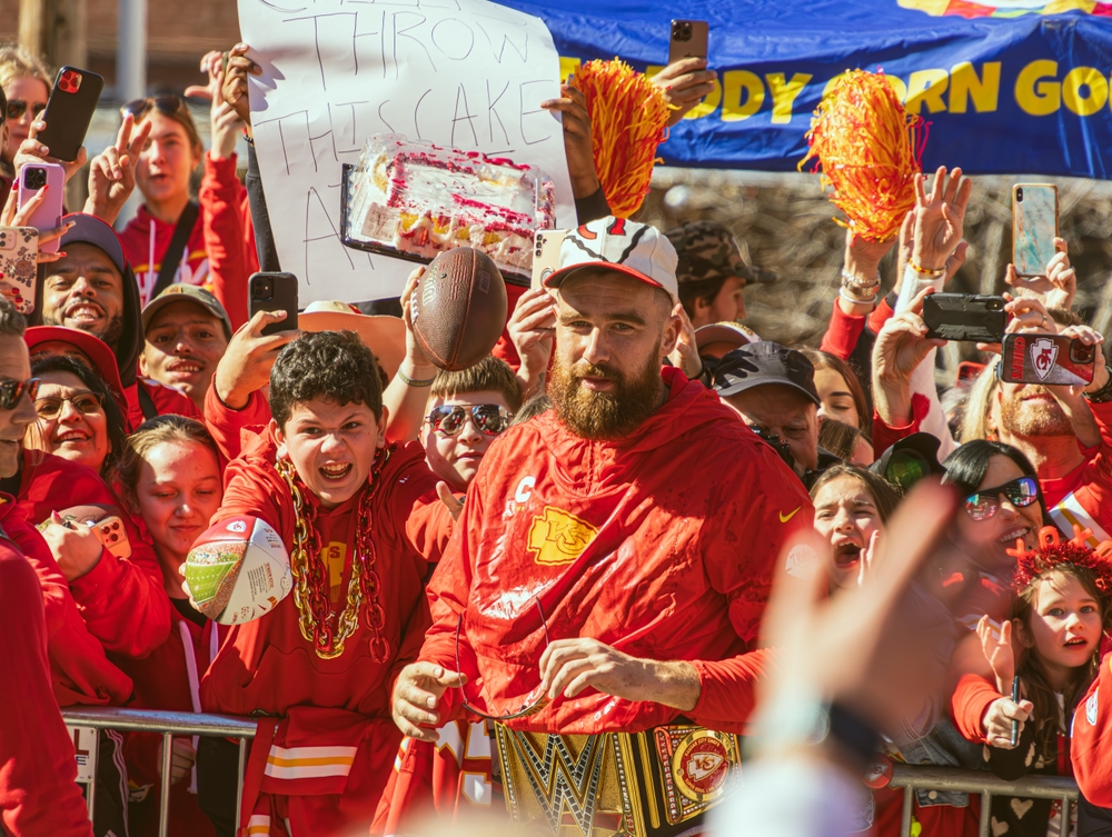 Travis Kelce Celebrating the win in Super Bowl 2024