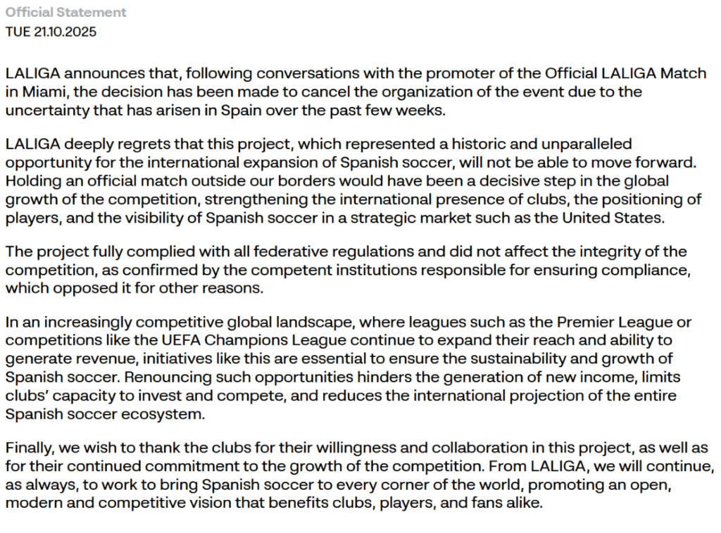 Statement LaLiga - Cancelled Miami Match between Villareal & Barcelona