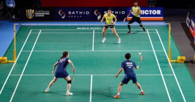 Natsu Saito and Hiroki Midorikawa of Japan and Ashwini Ponnappa and Reddy B. Sumeeth of India in action during day 2 of the Sathio Group Australian Badminton Open 2023