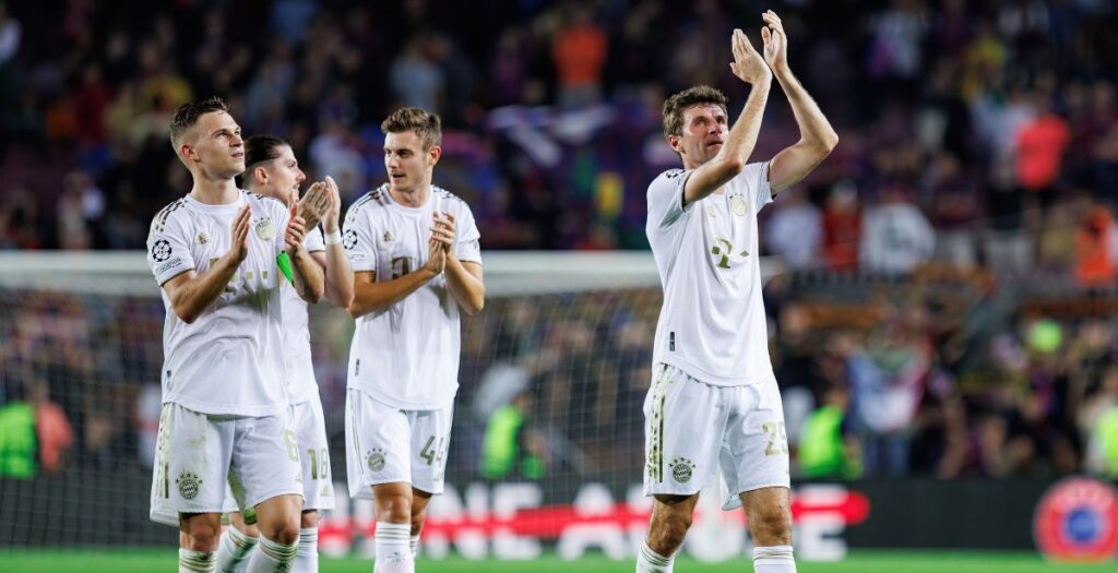 Muller celebrates the victory at the Champions League match between FC Barcelona and FC Bayern Munchen
