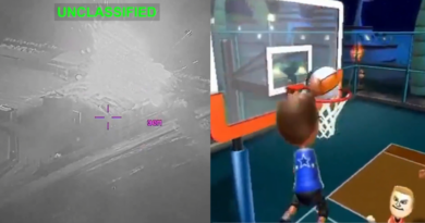 A basketball clip from the game is paired with an explosion in Iran