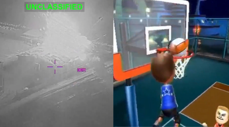 A basketball clip from the game is paired with an explosion in Iran