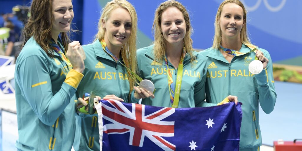 Silver medalists Emily Seebohm (L), Taylor McKeown, Emma McKeon and Cate Campbell (AUS) during women's 4 Ã? 100m medley relay of the Rio 2016 Olympics Games